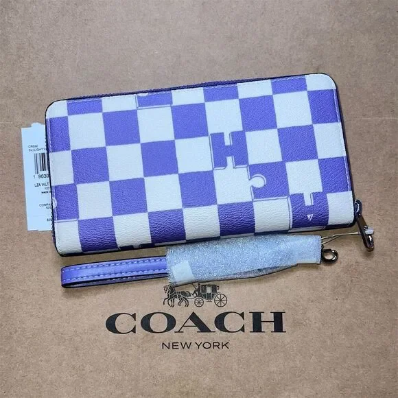 COACH Long Zip-Around Wallet Purple Checkered Checkerboard Print CR623 NWT